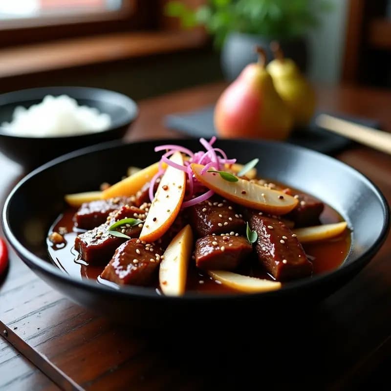 Plato hondo de cerámica negra con bulgogi de res en salsa de peras brillante, decorado con láminas de pera fresca, semillas de sésamo y cebolla morada salteada. Acompañado de arroz blanco al vapor y una guindilla roja al lado.
