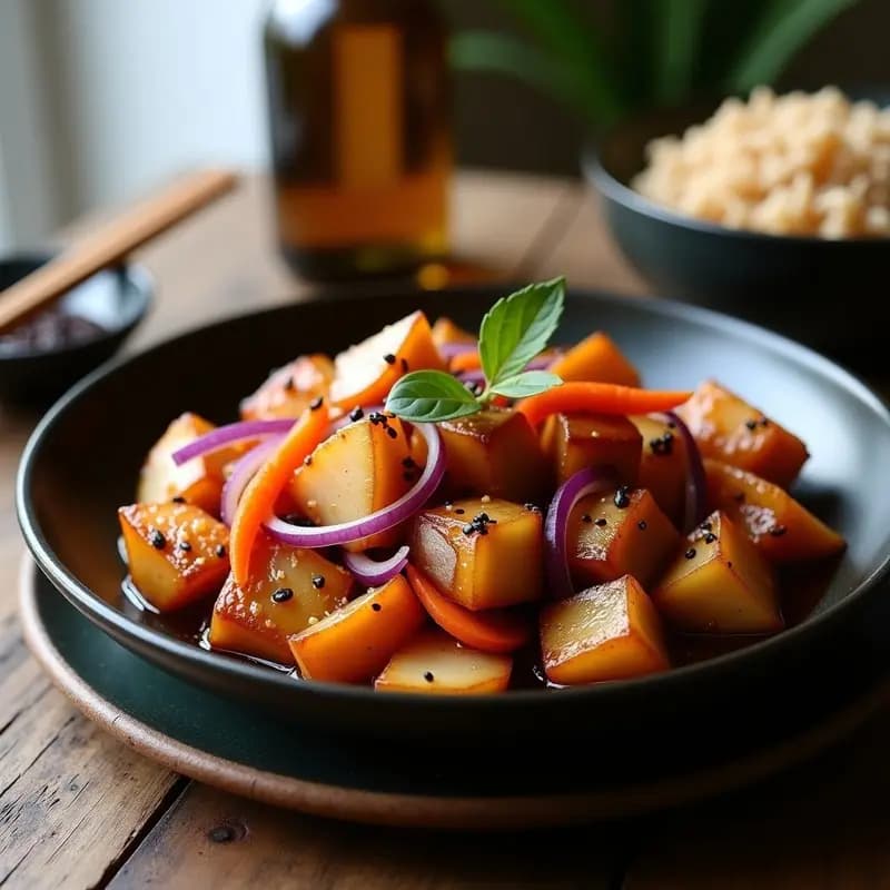 Plato coreano de bulgogi vegano con trozos dorados de seitán, gajos de pera caramelizados, cebolla morada y zanahoria salteadas, bañados en salsa de sésamo negro. Acompañado de semillas de sésamo y arroz integral en un bol de cerámica oscura.