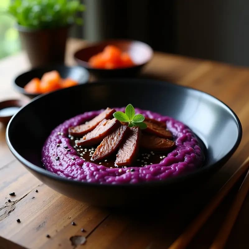 Plato hondo de cerámica negra con bulgogi de ternera en láminas brillantes y jugosas sobre un puré de camote morado cremoso y vibrante. Decorado con semillas de sésamo negro y un hilo de aceite de sésamo, con fondo de mesa rústica y utensilios de madera.