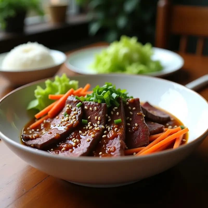 Plato hondo de cerámica negra con bulgogi coreano de ternera marinada en olla lenta, carne en láminas brillantes bañadas en salsa oscura, decorado con semillas de sésamo y cebollino fresco, acompañado de arroz blanco y kimchi al lado.