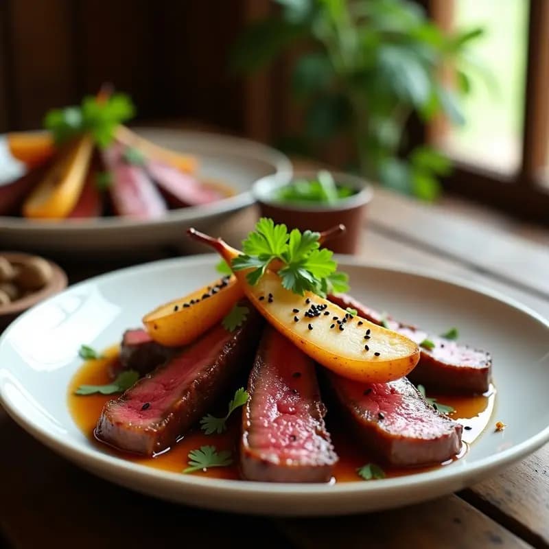 Plato de bulogogi de ternera con peras asadas en olla rápida: láminas de carne brillante glaseada con salsa dulce-salada, gajos de pera caramelizados dorados y semillas de sésamo negro espolvoreadas sobre cilantro fresco. Presentado en un bol de cerámica blanca con fondo de madera rústica.