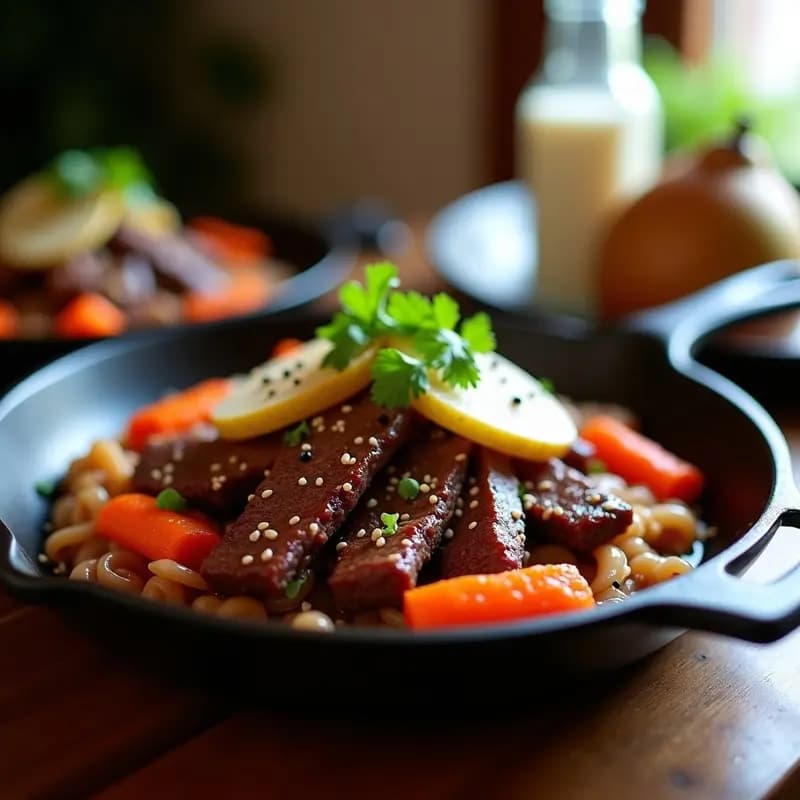 Plato de bulbogi coreano de ternera con zanahoria morada y sésamo, cocinado en sartén de hierro, con láminas de pera y cilantro fresco. Receta alta en hierro y proteína.