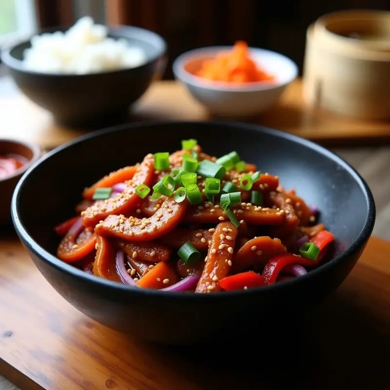Plato hondo de cerámica negra con bulgoogi coreano de seitán en láminas doradas, bañadas en salsa gochujang rojiza, acompañado de cebolla morada, zanahoria y pimiento rojo en juliana. Espolvoreado con semillas de sésamo y cebollino fresco, sobre un fondo de madera oscura con un bol de arroz blanco al lado.