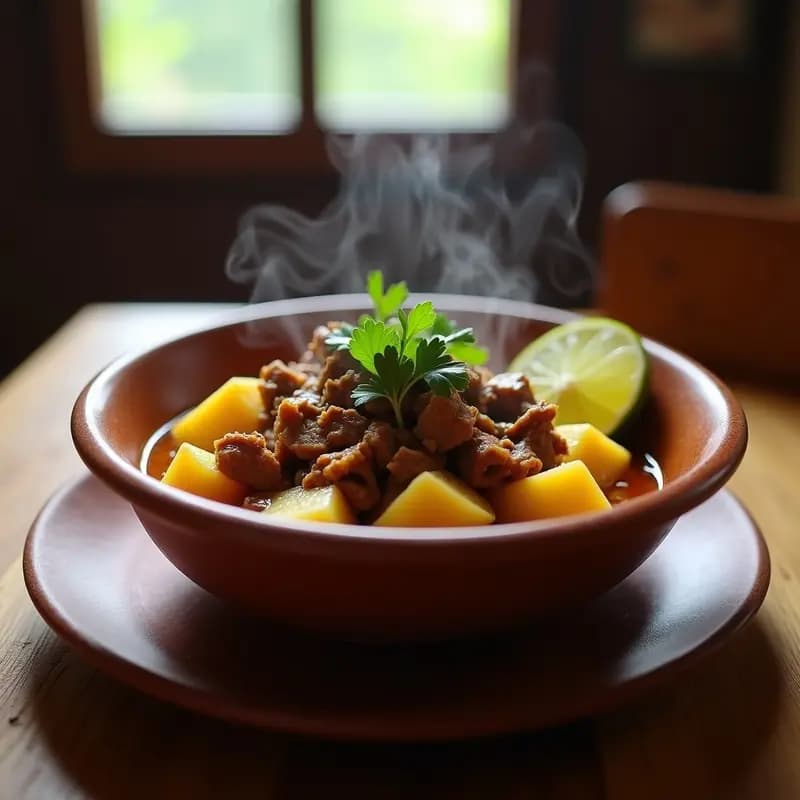 Plato hondo de barro con buli buli de yuca con carnitas de res, mostrando cubos dorados de yuca mezclados con trozos jugosos de carne desmenuzada, bañados en un guiso espeso y aromático, decorado con cilantro fresco y acompañado de una rodaja de limón.