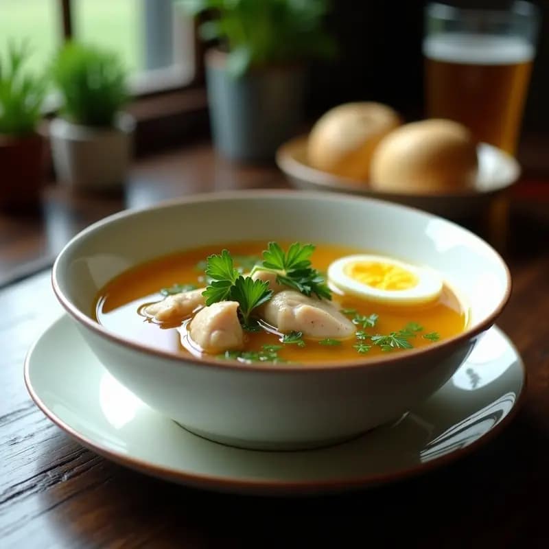 Olla de barro humeante con Bulião de Frango com Salsinha, caldo portugués de pollo con perejil fresco, huevo pochado y rodajas de zanahoria, servido en cuencos rústicos de cerámica blanca con decoración de perejil.