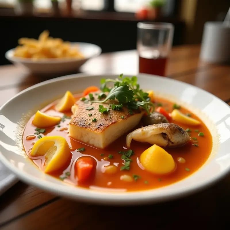 Olla de barro humeante con Bulião de Peixe con Mariscos, sopa portuguesa de caldo dorado con trozos de merluza, calamares, almejas y mejillones, decorada con zest de limón y azafrán, acompañada de pan rústico tostado.