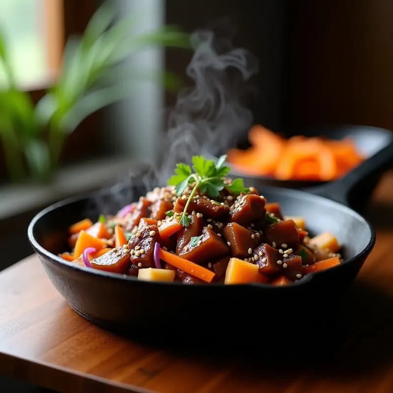 Plato hondo de porcelana blanca con bulkogi coreano de carne de res en láminas doradas, salteado con cebolla morada y zanahoria en juliana, bañado en salsa brillante y espolvoreado con semillas de sésamo. Acompañado de rodajas de pera asiática fresca y arroz integral.