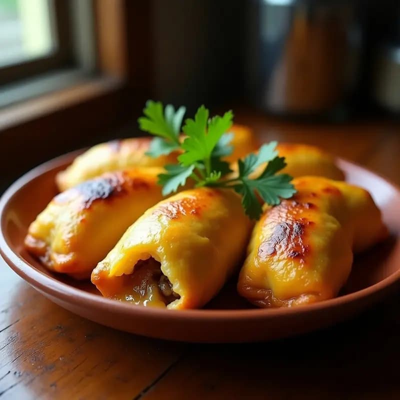 Bulo de yuca dorado al horno, relleno de carne mechada y queso fundido, servido en plato de barro rústico con hojas de cilantro fresco. Receta puertorriqueña tradicional.