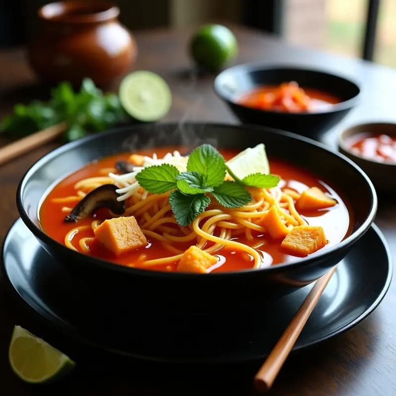 Cuenco hondo de cerámica negra con Bun Bo Hue vietnamita: fideos de calabaza naranja brillante, trozos de tofu ahumado dorado, champiñones shiitake y hierbas frescas, rodeado de lima y brotes de soja sobre fondo de madera oscura.