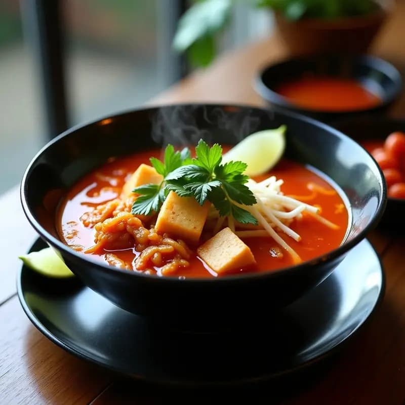 Cuenco hondo de cerámica oscura con Bun Bo Hue vegano con jackfruit, fideos de arroz gruesos, tofu dorado, zanahorias, brotes de soja y hierbas frescas como menta y cilantro. Decorado con rodajas de limón y cacahuetes tostados, sobre un fondo de madera rústica con un paño de lino blanco.