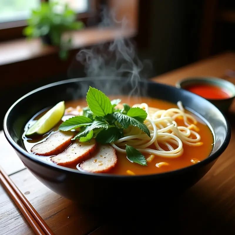 Bowl hondo de cerámica blanca con sopa Bun Bo Hue: caldo ámbar espeso con trozos de costilla de cerdo, lomo desmenuzado y fideos de arroz gruesos. Decorado con brotes de soja, hojas de menta vietnamita, cilantro fresco y rodajas de lima al lado.