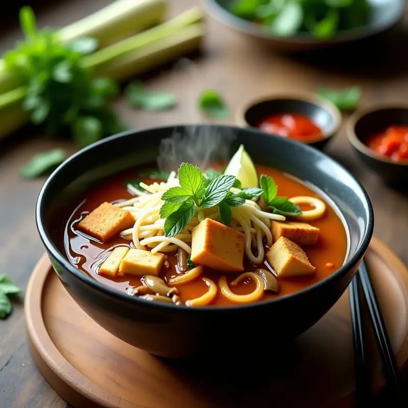 Cuenco hondo de cerámica oscura con Bun Bo Hue vegana, caldo dorado y especiado con trozos de tofu dorado, champiñones shiitake, fideos de arroz gruesos, brotes de soja y hojas de menta y cilantro fresco. Gajos de limón al lado para servir.