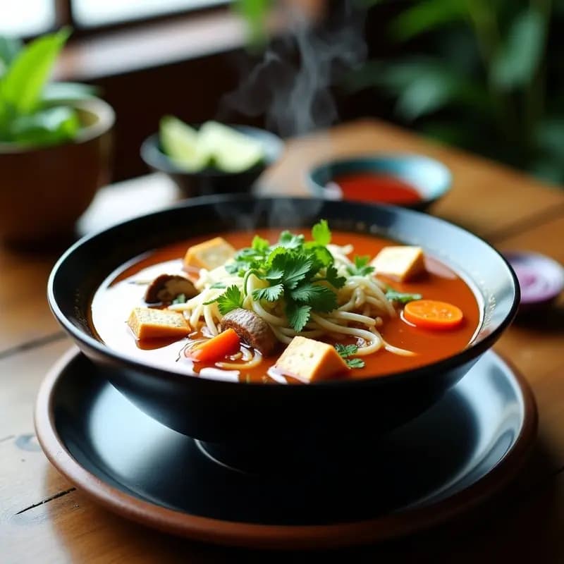 Bol hondo de cerámica oscura con Bun Bo Hue vegano: caldo dorado y picante con trozos de tofu ahumado, fideos de arroz gruesos, desde de arroz tostado espolvoreado y hierbas frescas (menta y cilantro). Toque de limón visible en el borde del bol.