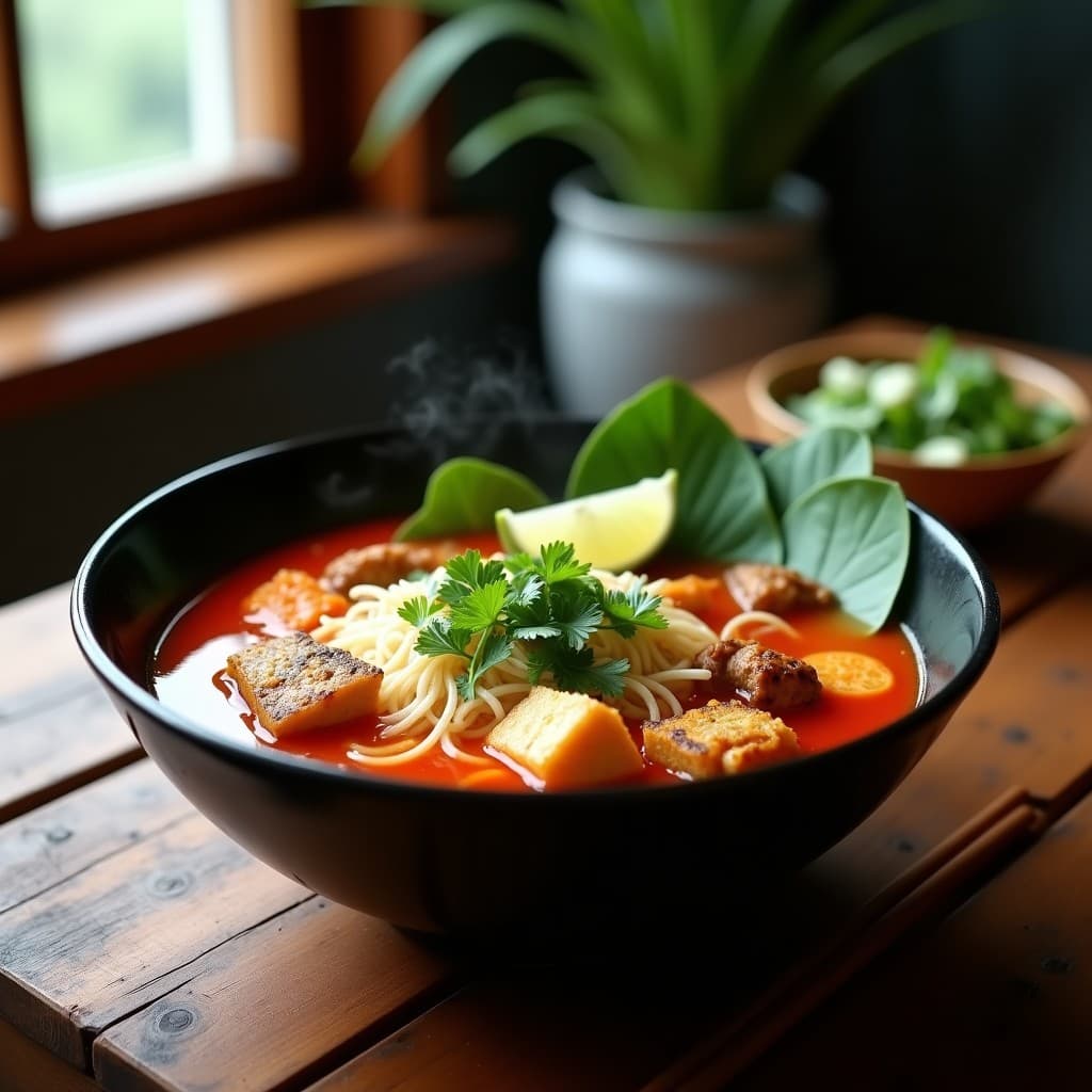 Cuenco hondo de cerámica negra con Bún Bò Huế vegano: caldo rojo intenso con fideos de arroz bún, trozos de seitán dorado, tofu, champiñones shiitake, brotes de soja y cilantro fresco. Decorado con rodajas de lima y tallos de lemongrass al lado, sobre fondo de madera rústica.