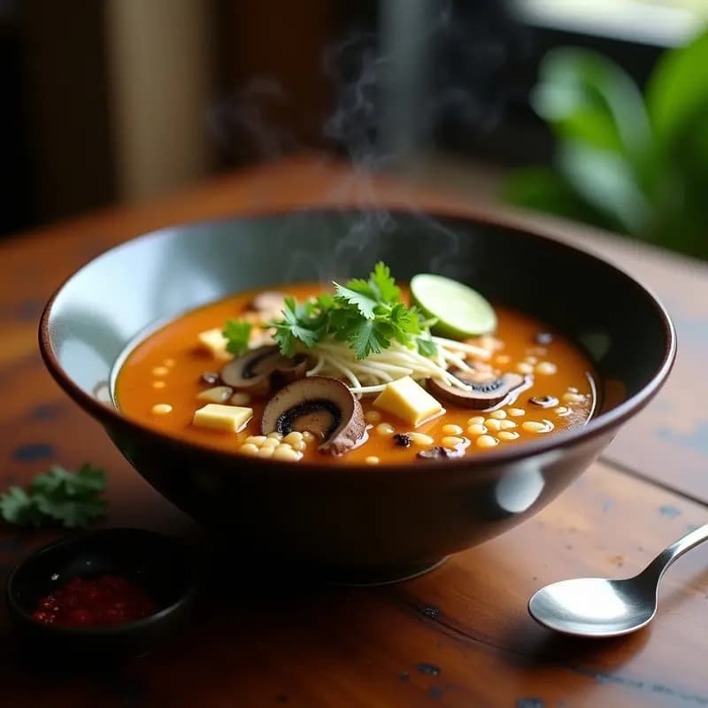 Cuenco hondo de cerámica negra con Bun Bo Hue vegetariano: caldo dorado y humeante con fideos de arroz gruesos, tofu ahumado dorado, hongos shiitake laminados, brotes de soja frescos, cilantro y menta vietnamita. Acompañado de rodajas de limón verde y salsa de chile al lado. Receta de sopa vietnamita umami en olla exprés.