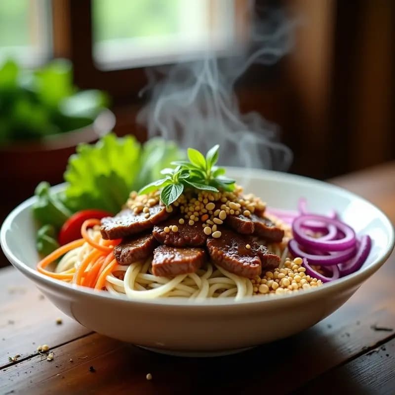 Plato hondo de cerámica blanca con Bun Bo Nam Bo: fideos de arroz gruesos salteados con tiras de carne de res jugosa, cebolla morada, zanahoria y pimiento rojo en juliana, todo coronado con hierbas frescas vibrantes (menta, cilantro, albahaca tailandesa), semillas de sésamo y cacahuetes triturados. Fondo borroso de cocina tradicional vietnamita.