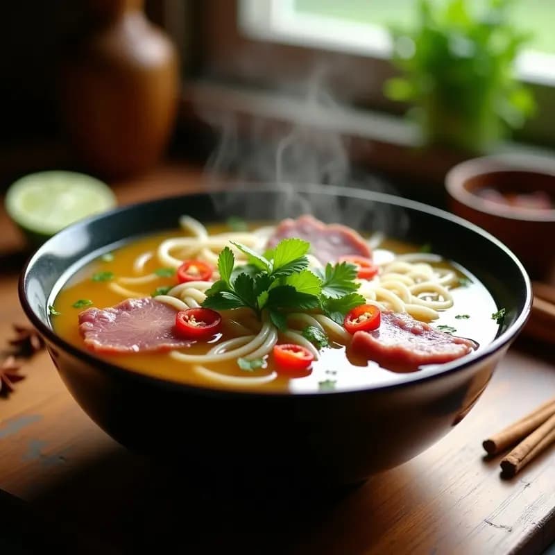 Cuenco hondo de cerámica oscura con Bun Bo Nam Bo de ternera picante: caldo dorado y transparente con fideos de arroz gruesos, láminas de ternera tierna, brotes de soja, hierbas frescas como menta y cilantro vietnamita, y rodajas de chile rojo. Fondos de especias tostadas y limón al lado.