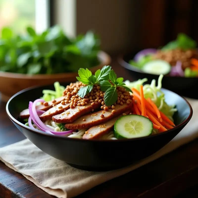 Bowl hondo de cerámica negra con capas de fideos de arroz, carne de cerdo a la parrilla en trozos, cebolla morada, zanahoria, pepino, lechuga, cilantro y menta fresca, bañado en salsa Nuoc Cham dorada con semillas de sésamo. Receta de Bun Chà en bowl alta en proteína.