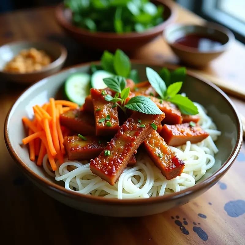 Plato vietnamita Bun Chả con tiras de cerdo marinado doradas en airfryer, vermicelli de arroz blancos, zanahoria juliana naranja, rodajas de pepino verde y hierbas frescas como menta y cilantro. Salsa de tamarindo oscura servida al lado, con un fondo rústico y utensilios de madera.
