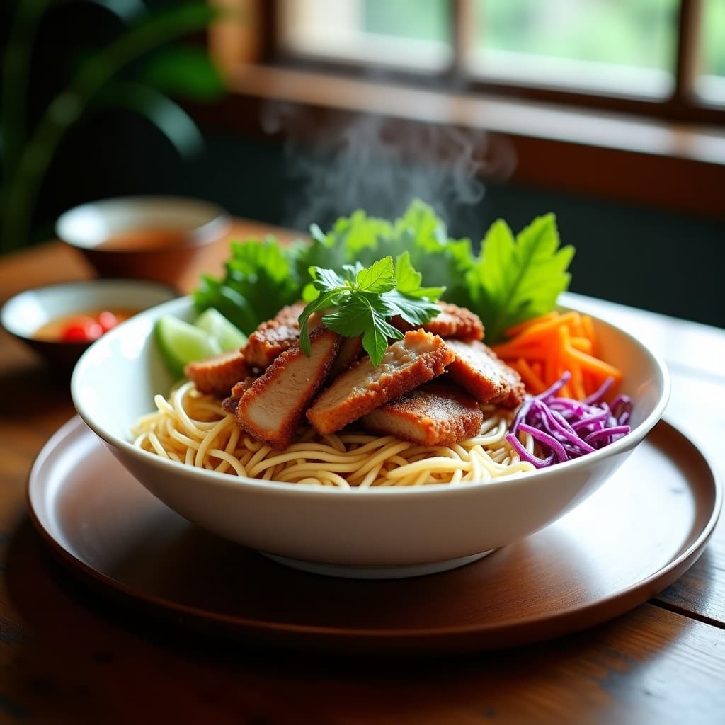 Plato de bun cha vietnamita con fideos de arroz, rodajas de lomo de cerdo y panceta crujiente preparados en airfryer, acompañados de hierbas frescas como menta, cilantro y perilla, cebolleta morada y zanahoria en juliana. Salsa nuoc cham en bol aparte.