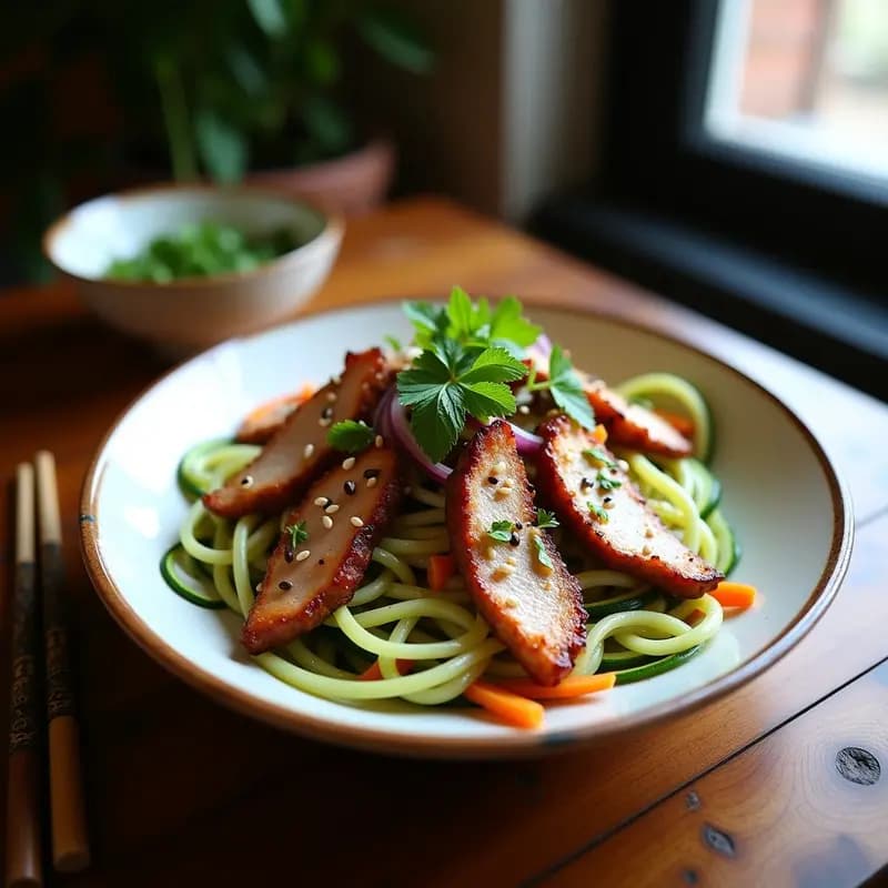 Plato tradicional vietnamita de Bun Cha con fideos de calabacín en espiral, cerdo marinado a la parrilla glaseado, zanahoria juliana, pepino en rodajas y hierbas frescas como menta y cilantro. Receta keto y baja en carbohidratos.