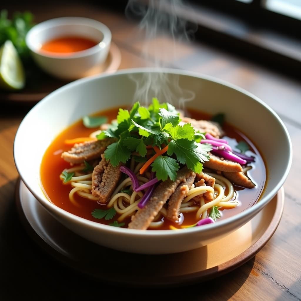 Bol hondo blanco con Bun Cha vietnamita: fideos de arroz vermicelli, cerdo desmenuzado en caldo dorado, hierbas frescas (cilantro, menta y perilla), zanahoria juliana y lechuga morada. Plato colorido y aromático, receta de olla exprés.