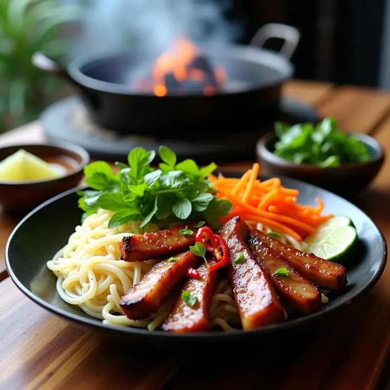Plato tradicional vietnamita Bun Cha Vieta con rodajas de cerdo asado en barbacoa glaseado, fideos de arroz gruesos, hierbas frescas variadas (menta, cilantro, albahaca), zanahoria en juliana, pepino y salsa para mojar en un bol aparte, sobre una mesa de madera rústica.