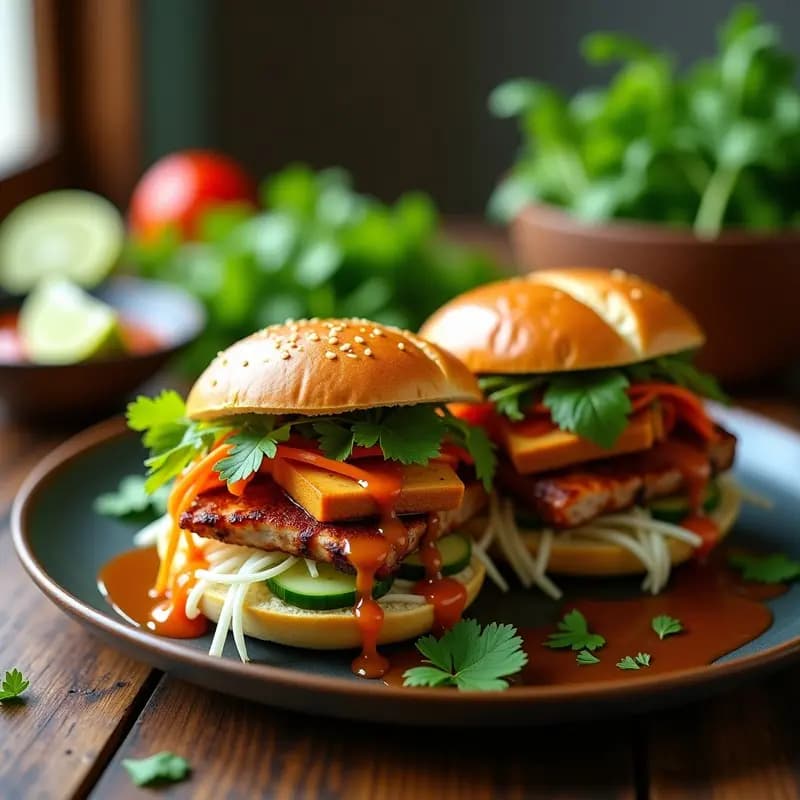 Sándwich de Bun Cha vietnamita abierto mostrando capas de cerdo asado, tofu dorado, pepino, zanahoria y hierbas frescas sobre pan baguette tostado, con salsa brillante y colorida.
