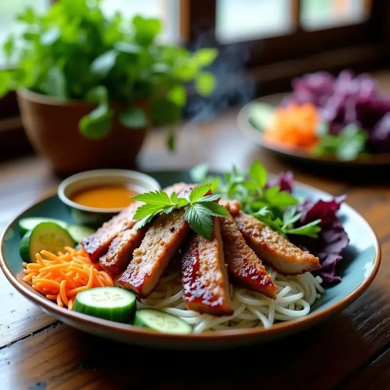 Plato tradicional vietnamita Bun Cha con filetes de cerdo a la parrilla en grill, vermicelli de arroz blancos, hierbas frescas como menta y cilantro, zanahoria en juliana y salsa nuoc cham en un bol aparte, sobre una mesa de madera rústica.