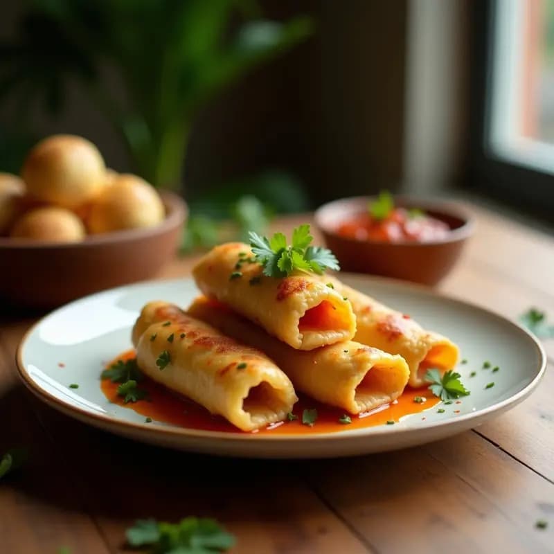 Plato blanco con Bun Cha Gió de cerdo y hierbas, rollitos vietnamitas dorados y crujientes cortados por la mitad, acompañados de salsa Nuoc Cham en un bol pequeño y hierbas frescas alrededor.