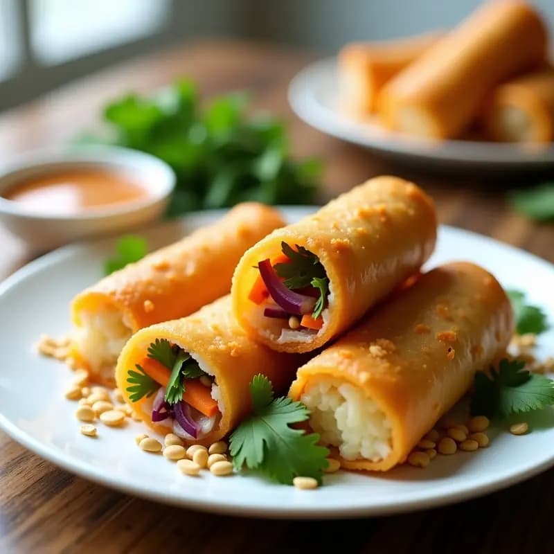 Plato blanco con rollitos vietnamitas Bun Cha Gio dorados y crujientes rellenos de coliflor y zanahoria, servidos con salsa nuoc cham y hierbas frescas, cocinados en airfryer sin fritura.