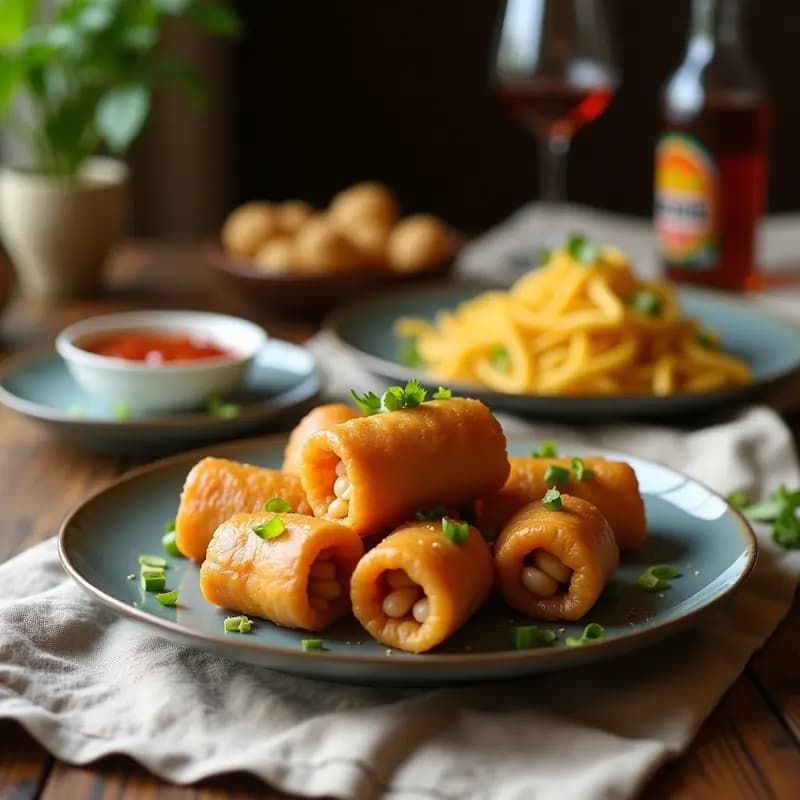 Plato de rollitos vietnamitas Bun Cha Gio de Hongos Ostra dorados y crujientes, servidos con salsa hoisin vegana y decorados con hierbas frescas y cacahuetes picados, receta en Airfryer.