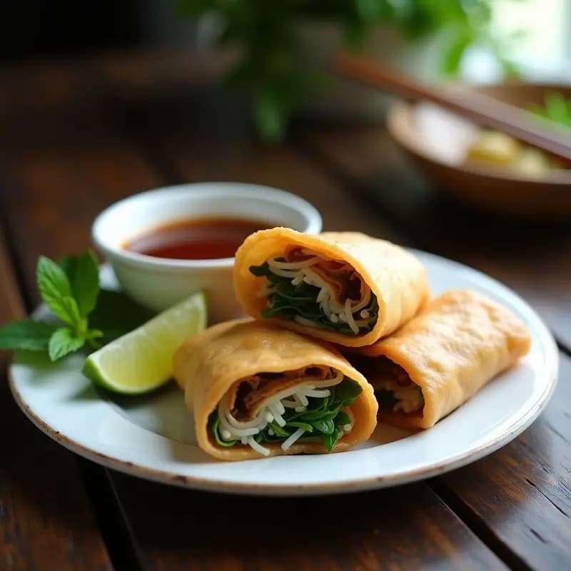 Rollitos vietnamitas Bun Cha Gio veganos rellenos de setas shiitake, vermicelli de arroz y hierbas frescas, dorados y crujientes, servidos en un plato de cerámica blanca con salsa hoisin espesa en un bol pequeño al lado. Decorados con hojas de menta y rodajas de limón.