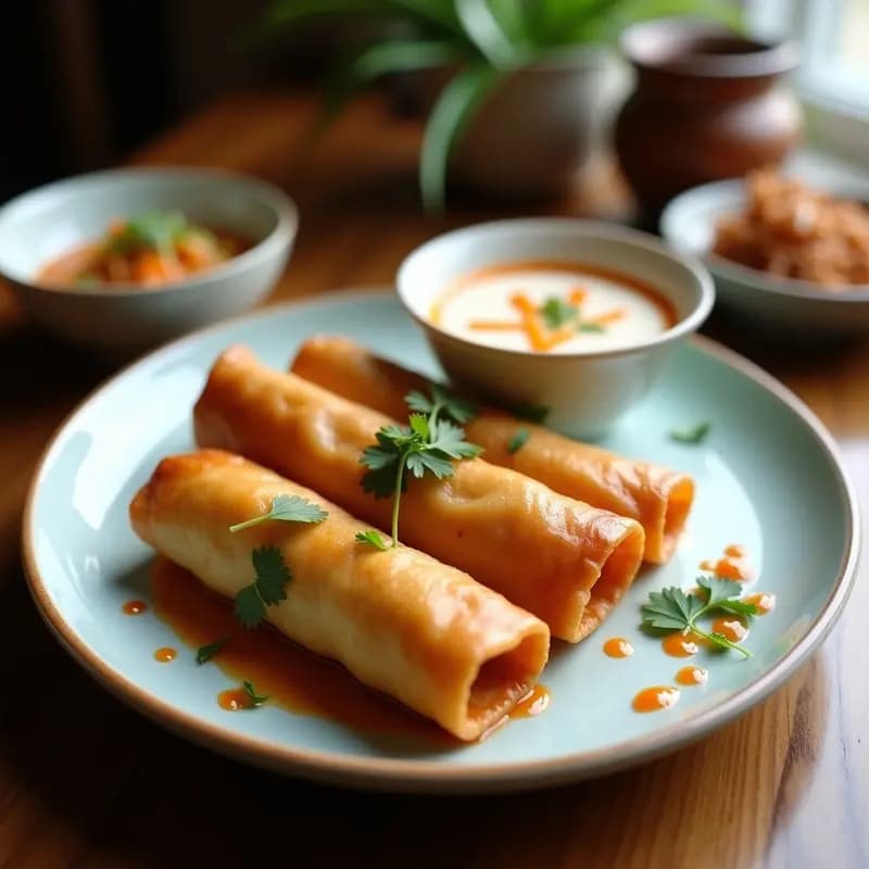 Plato blanco con Bun Cha Gio Vegano dorados y crujientes, cortados por la mitad para mostrar el relleno de setas, zanahoria y brotes de soja. Acompañados de un bol pequeño con salsa Hoisin cremosa con leche de coco y cacahuetes triturados, decorado con hojas de menta y cilantro fresco.