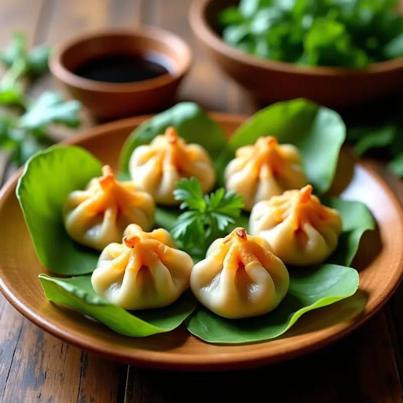 Plato blanco con Bun Cha Gyoza dorados por la base, rellenos de cerdo y hierbas aromáticas, dispuestos en círculo con salsa oscura y rodajas de lima al lado.