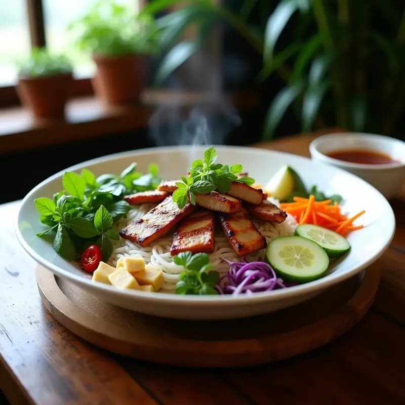Plato tradicional vietnamita Bun Cha Hanoi con filetes de cerdo a la parrilla dorados, panceta crujiente, fideos de arroz blancos, hierbas frescas como menta y cilantro, y salsa nuoc cham en un cuenco pequeño. Acompañado de rodajas de pepino, zanahoria y lechuga sobre una mesa de madera rústica.