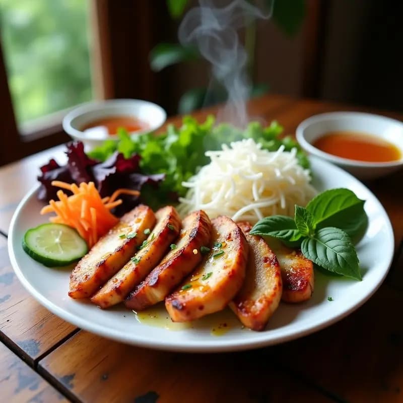 Plato vietnamita Bun Cha Hanoi con pollo marinado en especias, grillado a la perfección, acompañado de fideos de arroz, hierbas frescas como menta y cilantro, zanahoria juliana y salsa nuoc cham en un bol aparte. Presentación colorida y apetitosa sobre una mesa de madera.