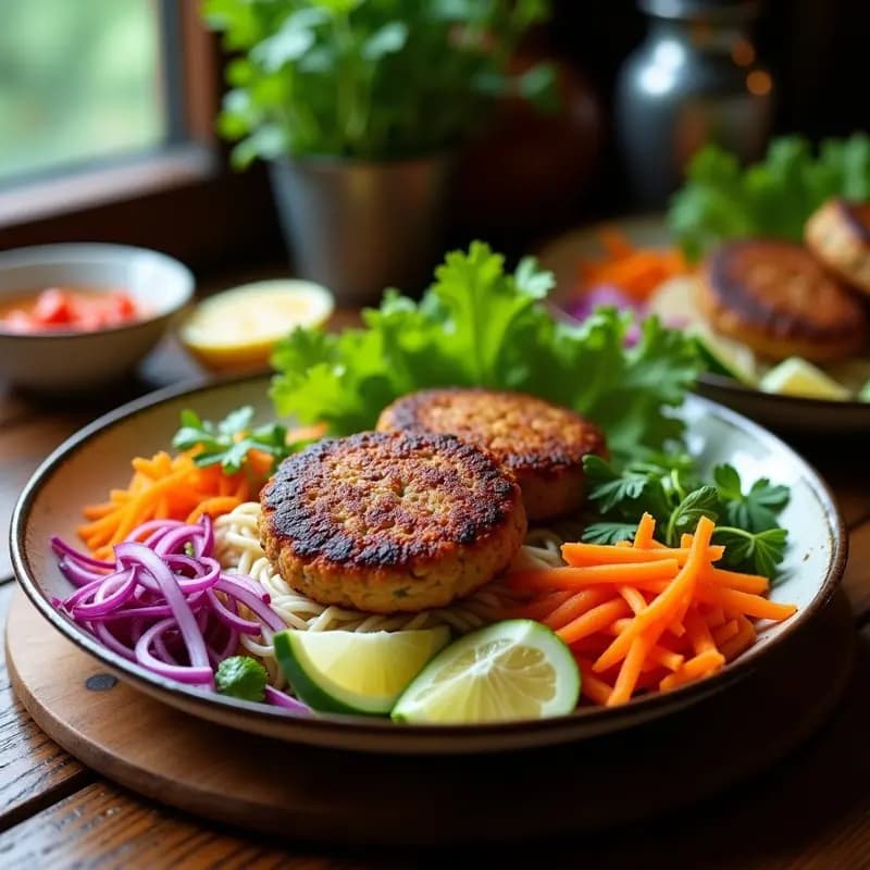 Plato tradicional vietnamita Bun Cha Hanoi con hamburguesas de cerdo doradas a la parrilla, fideos de arroz blancos, verduras encurtidas de zanahoria y daikon, hierbas frescas como menta y cilantro, y un bol de salsa Nuoc Cham ámbar al lado.