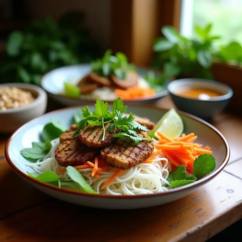 Plato colorido de Bun Cha Hanoi vegano con fideos de arroz, seitán y tempeh dorados a la parrilla, hierbas frescas de menta y cilantro, vegetales crujientes y salsa nuoc cham al lado.