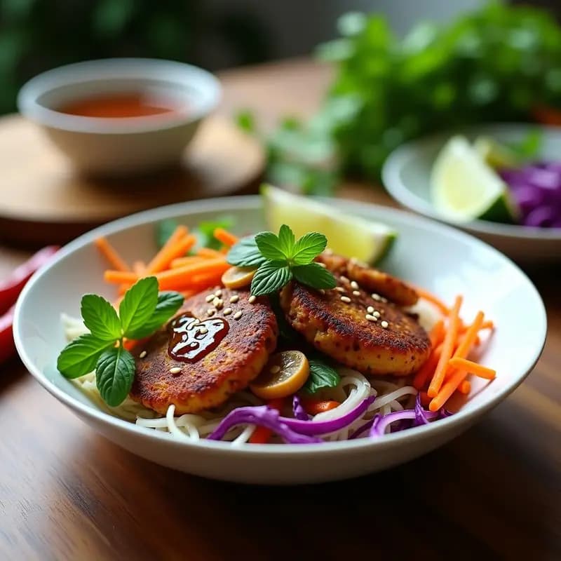 Plato tradicional vietnamita Bun Cha Hanoi vegano con hamburguesas doradas de hongo shiitake en airfryer, fideos de arroz, hierbas frescas como menta y cilantro, zanahoria juliana y salsa nuoc cham brillante, decorado con semillas de sésamo.
