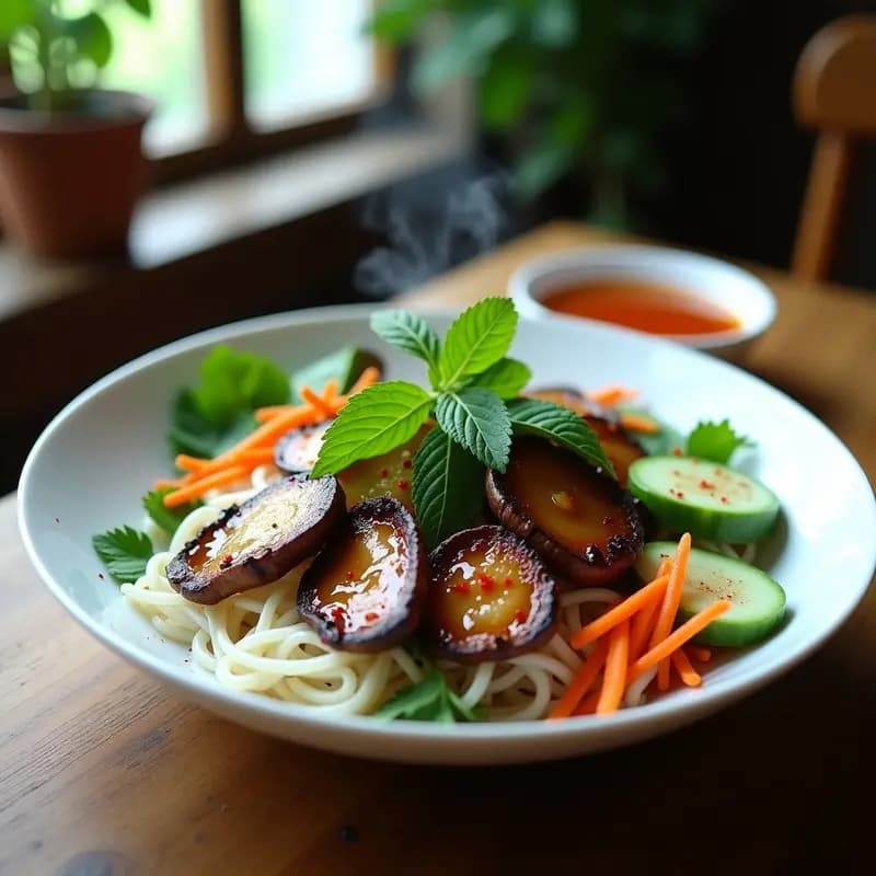 Plato tradicional vietnamita Bun Cha vegano con hongos shitake a la parrilla, fideos de arroz, hierbas frescas de menta y cilantro, zanahoria juliana y salsa nuoc cham, servido en cuenco de cerámica blanca sobre fondo de madera rústica.