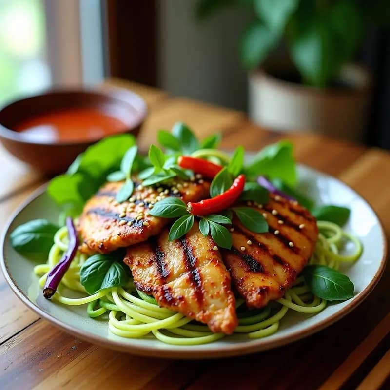 Plato vietnamita Bun Cha de pollo a la parrilla con vermicelli de calabacín crudo, hierbas frescas como menta y cilantro, y salsa para mojar. Receta low carb y sin gluten con semillas de sésamo y chile rojo.