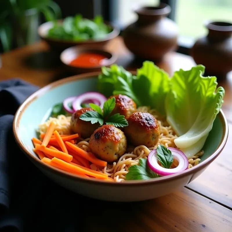 Plato de bun cha vietnamita vegano con meatballs doradas de champiñones portobello, fideos de arroz, encurtidos de zanahoria y pepino, hierbas frescas y caldo aromático especiado, servido en bol hondo de cerámica con semillas de sésamo.