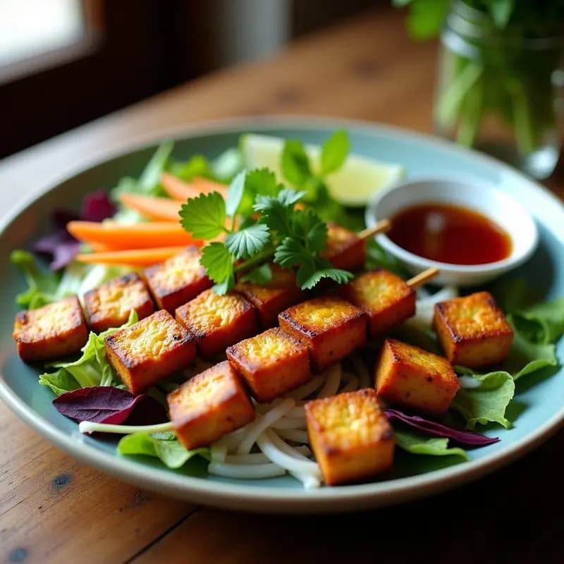 Plato colorido de Bun Cha vegano con brochetas de seitán dorado y tofu crujiente al horno, servido sobre fideos de arroz, hierbas frescas de menta y cilantro, zanahoria rallada y lechuga morada, acompañado de salsa nuoc cham en un bol pequeño.