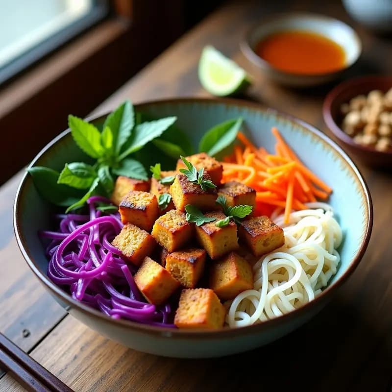 Plato vietnamita Bun Cha vegano con seitán dorado en rodajas, vermicelli de arroz, brotes de soja, hierbas frescas y salsa espesa, servido en un cuenco de cerámica blanca sobre fondo de madera.