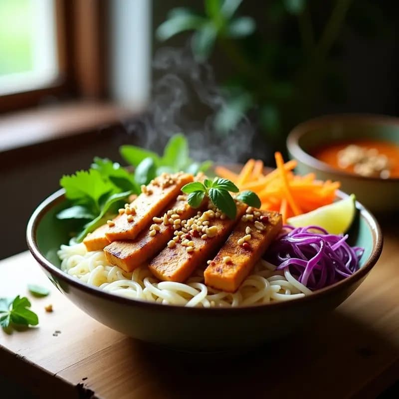 Plato colorido de Bun Cha de Tempeh y Mango Verde, con vermicelli de arroz, rodajas de tempeh dorado, juliana de mango verde, lechuga morada y hierbas frescas, acompañado de salsa nuoc cham en un bol apartado.