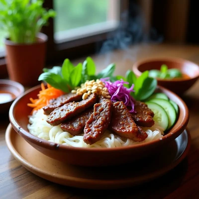 Plato tradicional vietnamita Bun Cha con ternera marinada en nuoc cham, fideos de arroz blancos, hierbas frescas como menta y cilantro, zanahoria rallada, pepino en juliana y cacahuetes triturados, servido en un bol de cerámica con salsa nuoc cham en un recipiente aparte.