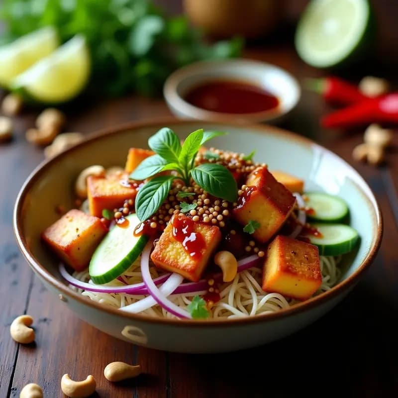 Plato vietnamita Bun Cha vegano con tofu ahumado dorado, nueces de caju tostadas, vermicelli de arroz, cebolla morada, pepino y hierbas frescas, servido en cuenco de cerámica con salsa umami brillante.