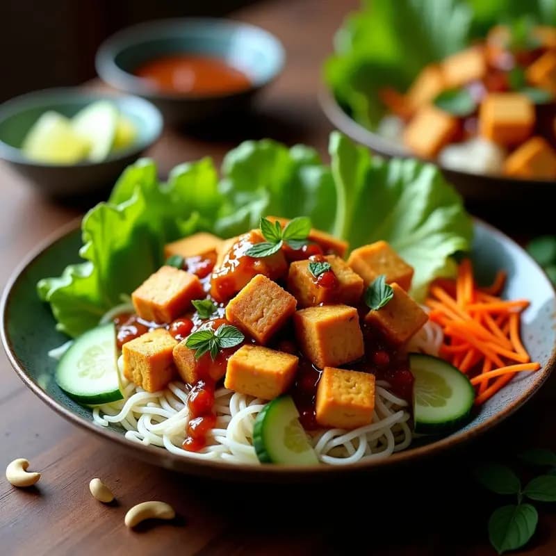 Plato vietnamita Bun Cha vegano con tofu dorado al airfryer, vermicelli de arroz, hierbas frescas como menta y cilantro, zanahoria rallada y pepino en juliana, bañado en salsa nuoc cham. Receta sin gluten y alta en proteína.