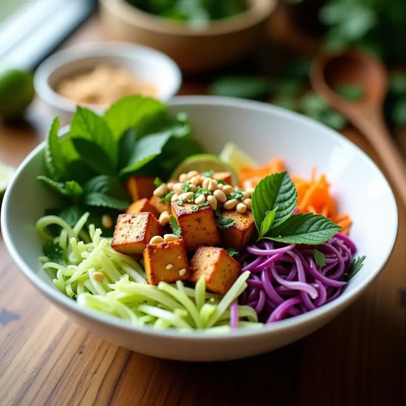 Bun Cha Vietnamesa con Tofu Marinado y Papaya Verde: Receta Fresca y Sin Cocción